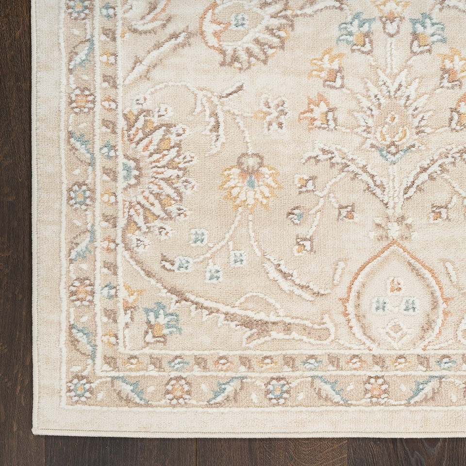 ivory traditional rug closeup corner with dark wood floor