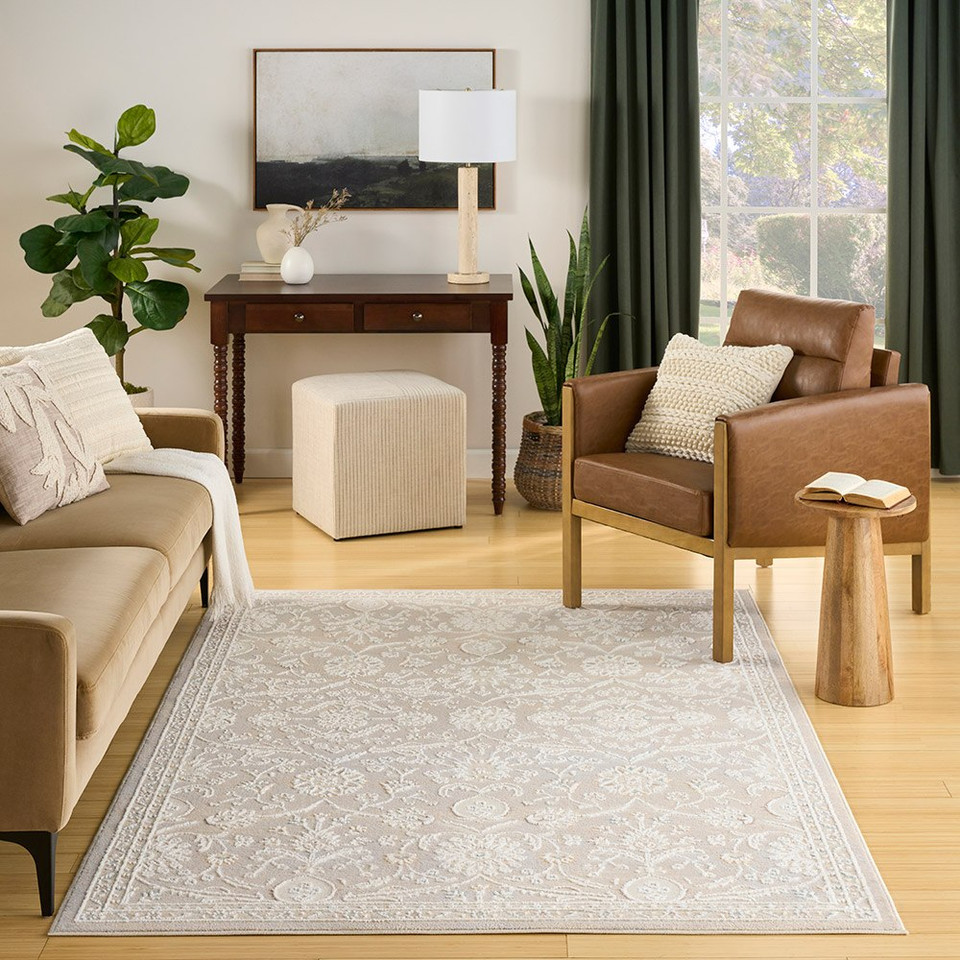 light grey traditional rug living room with natural decor