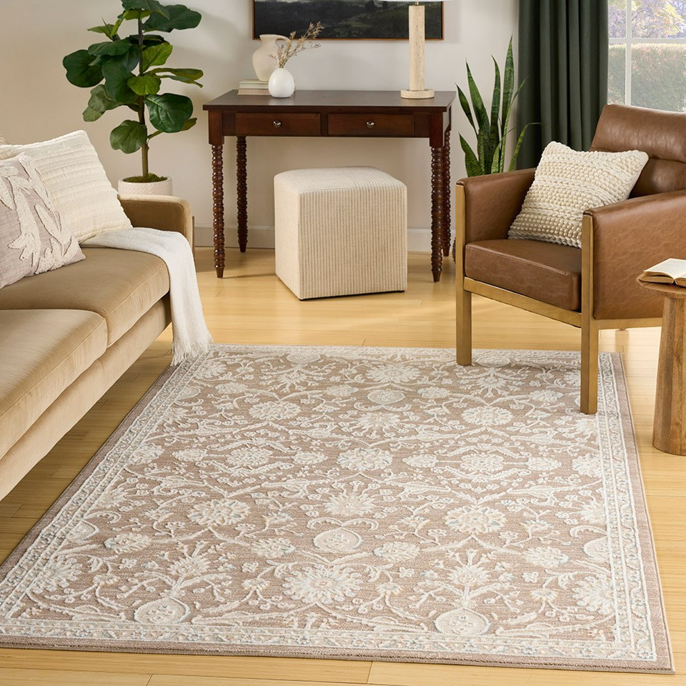 brown traditional rug living room with natural decor