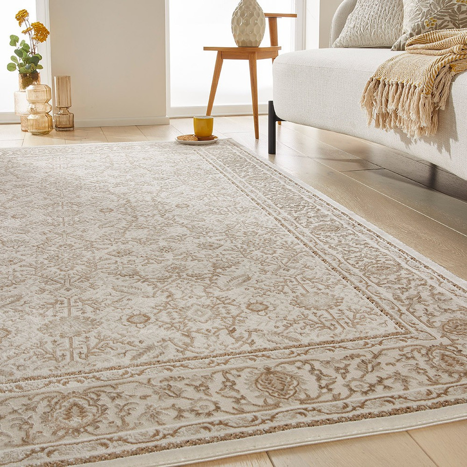 grey khaki traditional rug closeup in living room