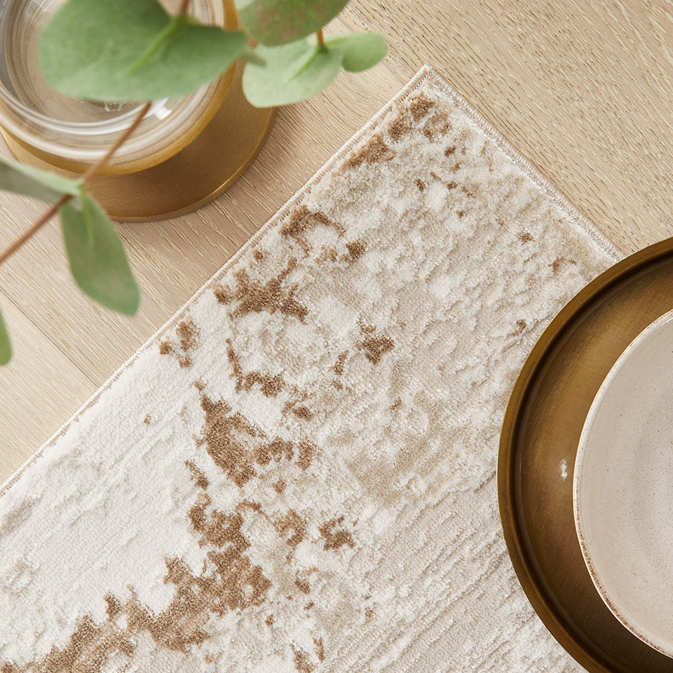 beige abstract rug closeup edge with a plate and plant