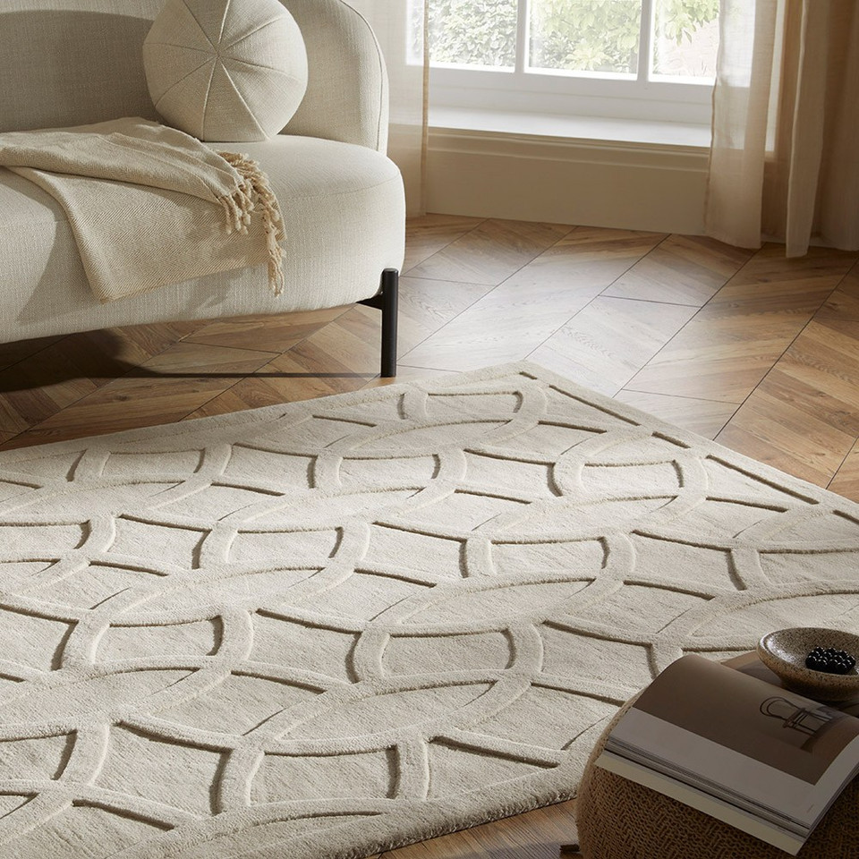 taupe wool rug closeup in a living room with natural decor