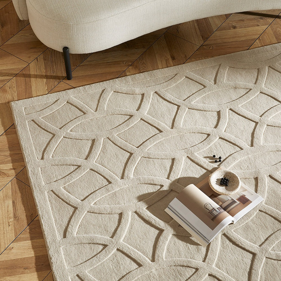 taupe wool rug closeup in a living room with natural decor
