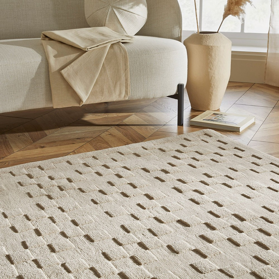 taupe wool rug in a living room with natural decor