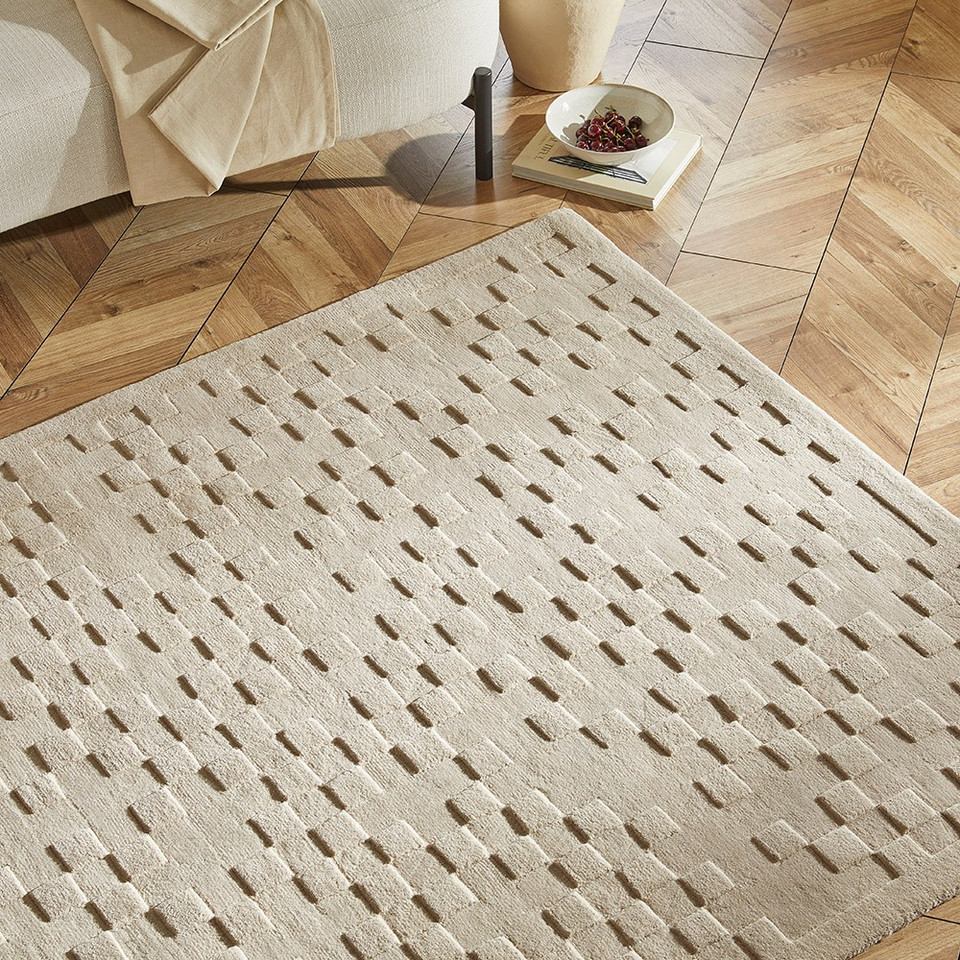 taupe wool rug in a living room with natural decor