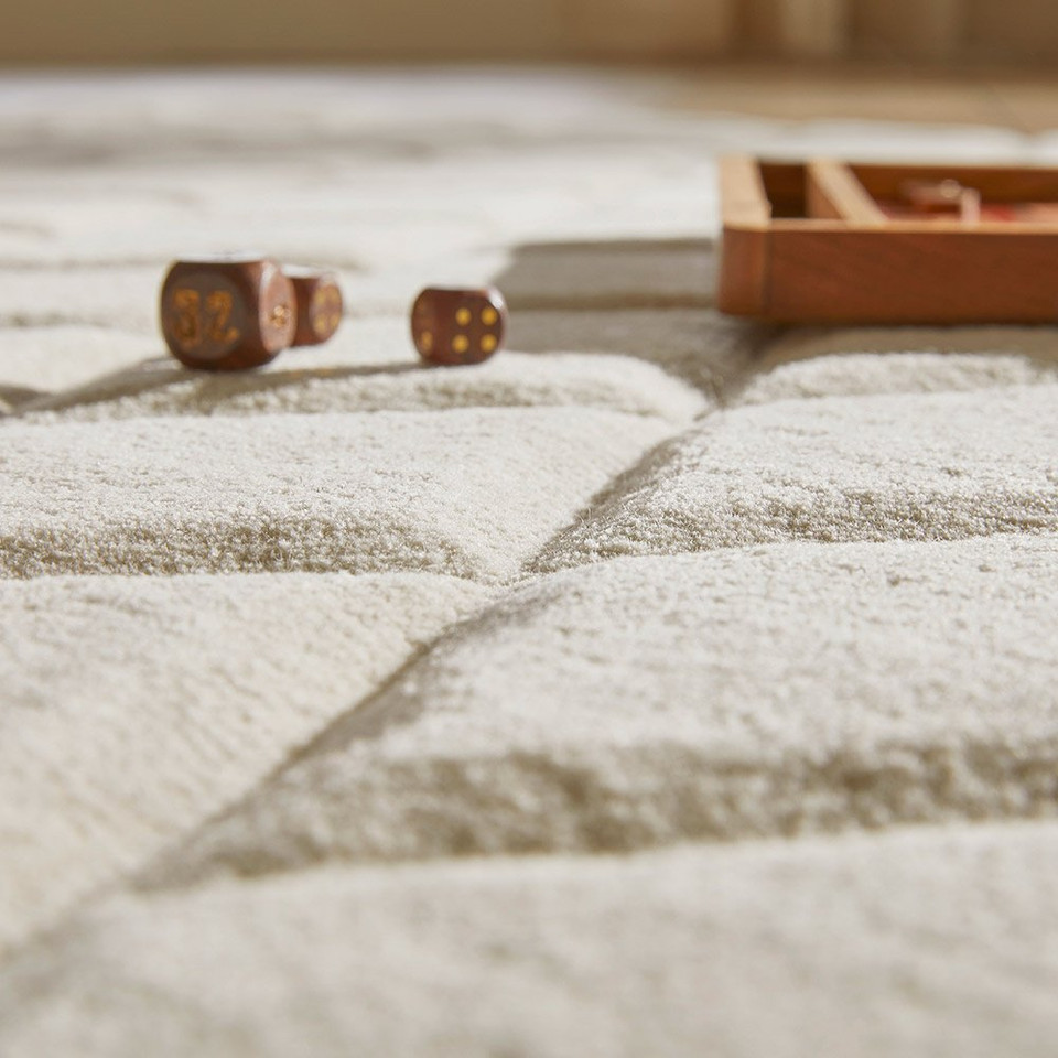 ivory wool rug closeup with book and glass