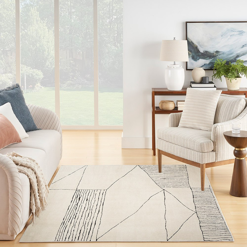 ivory black abstract linear rug living room with matching decor bright