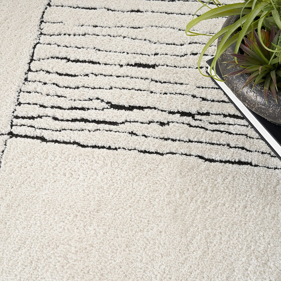 ivory black abstract linear rug closeup detail with plant