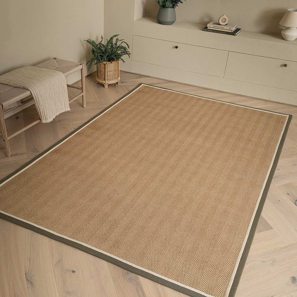 khaki cream jute rug in a living room with matching decor