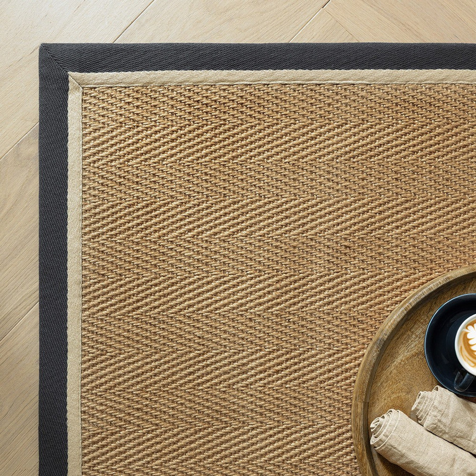 herringbone slate cream jute rug closeup corner