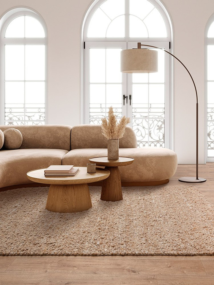 honey wool rug in living room with matching decor