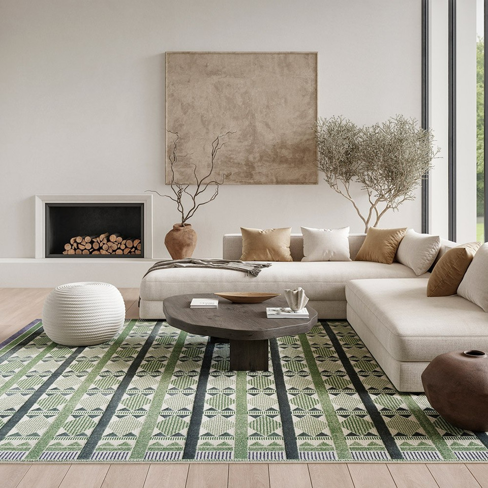 green blue geometric rug in a living room