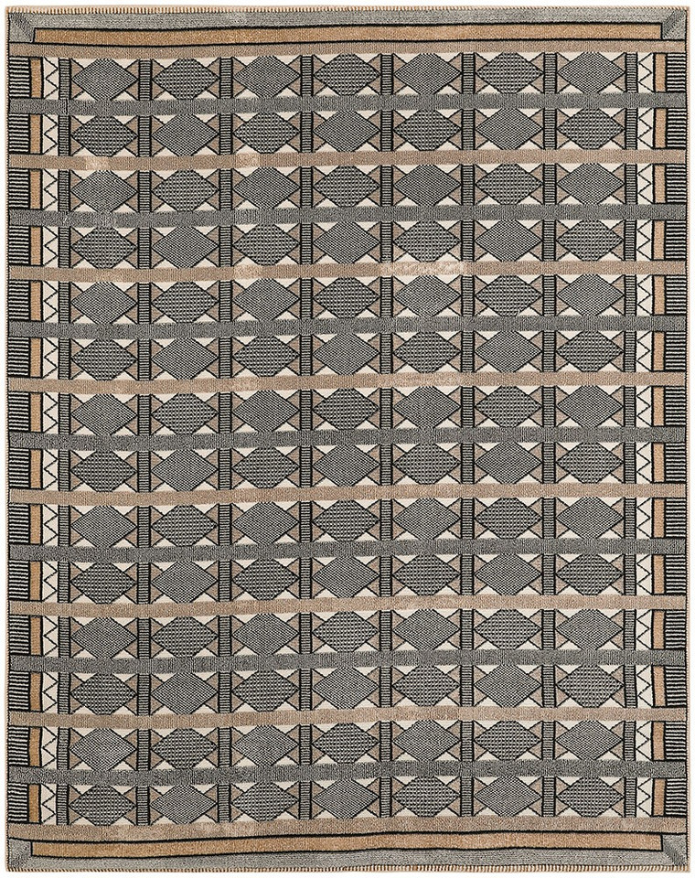 beige black geometric rug portrait
