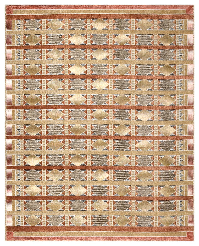 rust blue geometric rug portrait