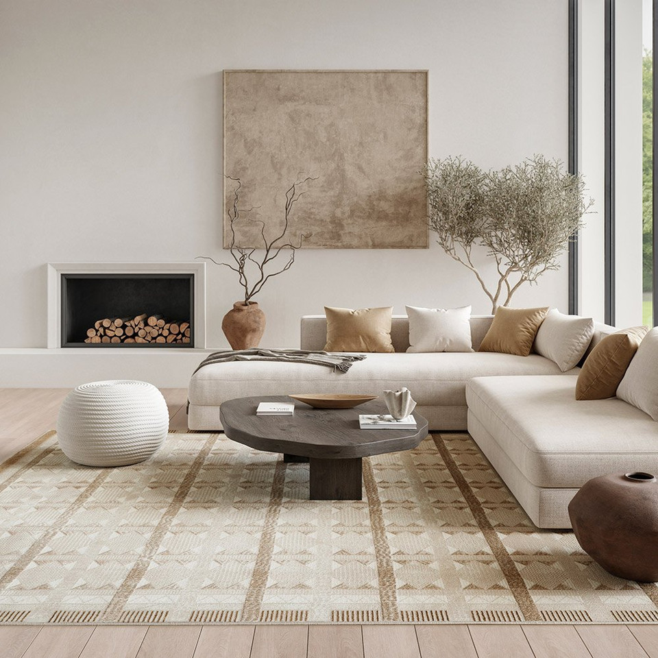 taupe geometric rug in a living room
