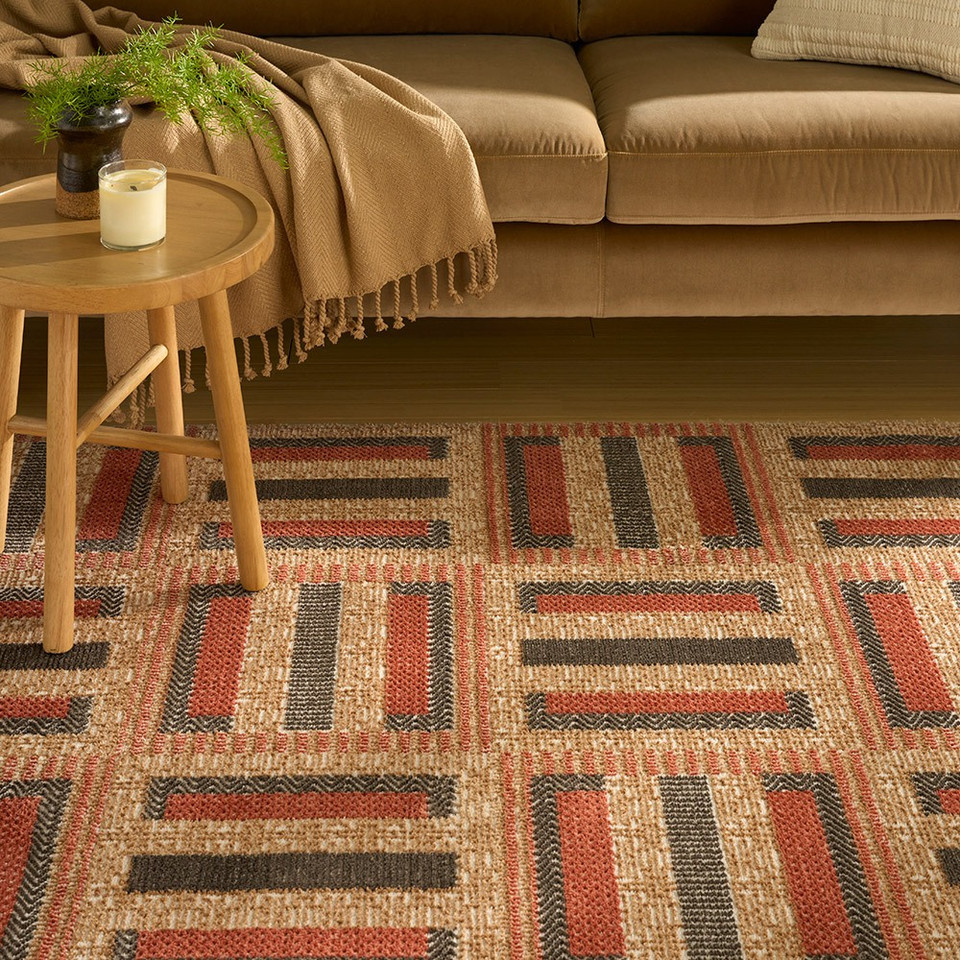 multi geometric rug in a living room