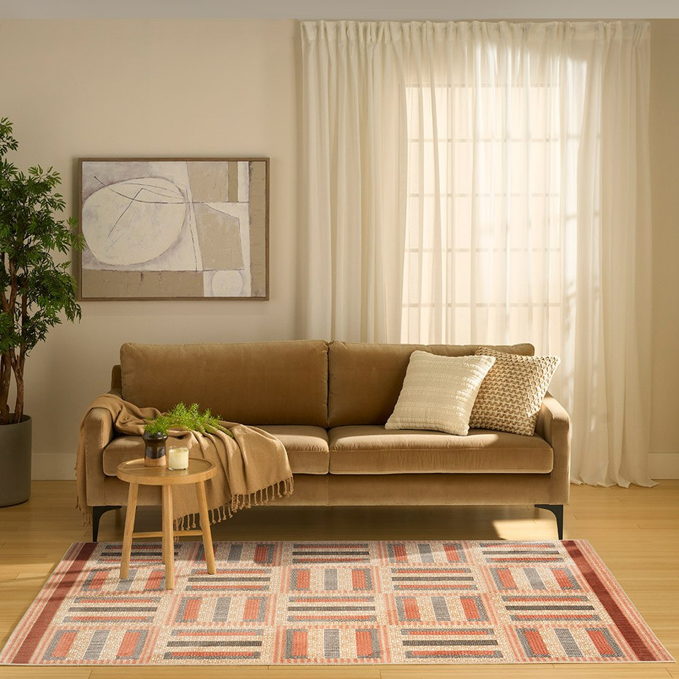 multi geometric rug in a living room