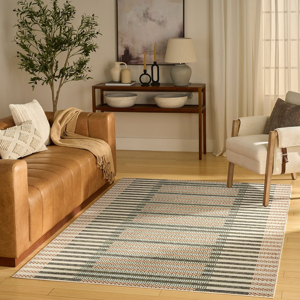 ivory multi geometric rug in a living room
