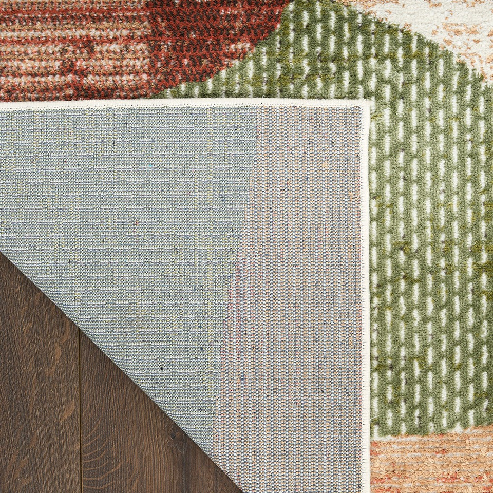 beige green burgundy geometric rug corner fold
