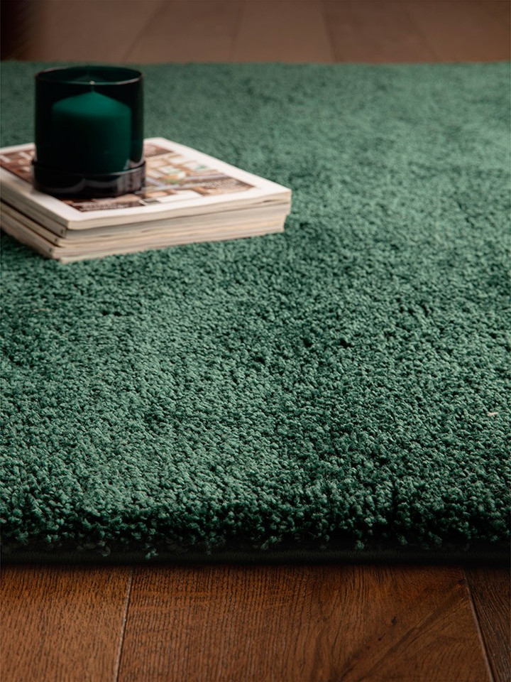 emerald shaggy rug closeup on wood floor with stack of books