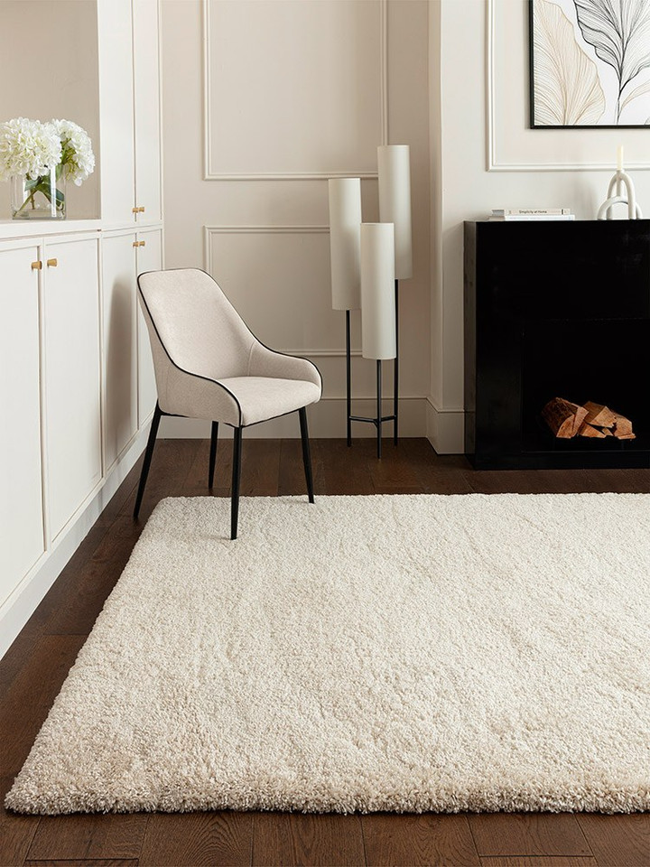 ivory shaggy rug in a living room with matching decor