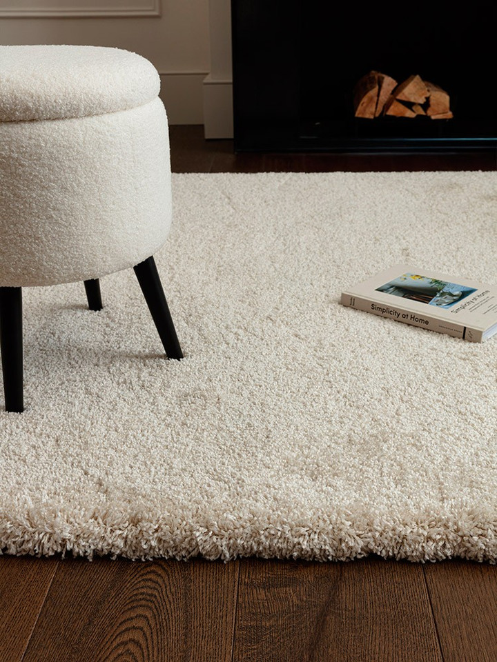 ivory shaggy rug closeup on wood floor with stack of books