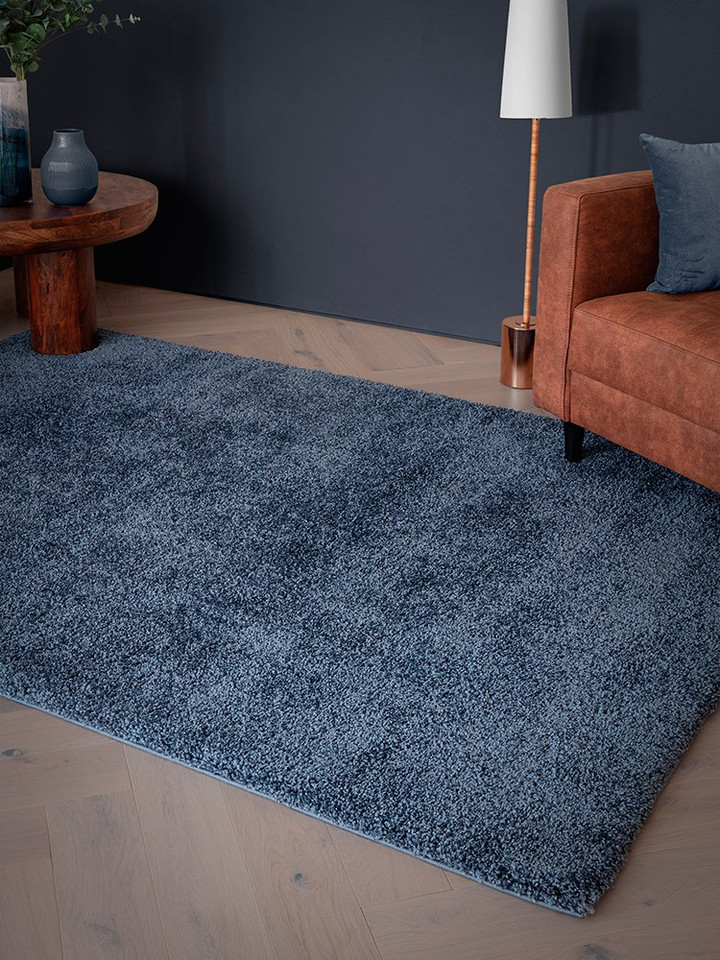 navy shaggy rug in a living room with matching decor