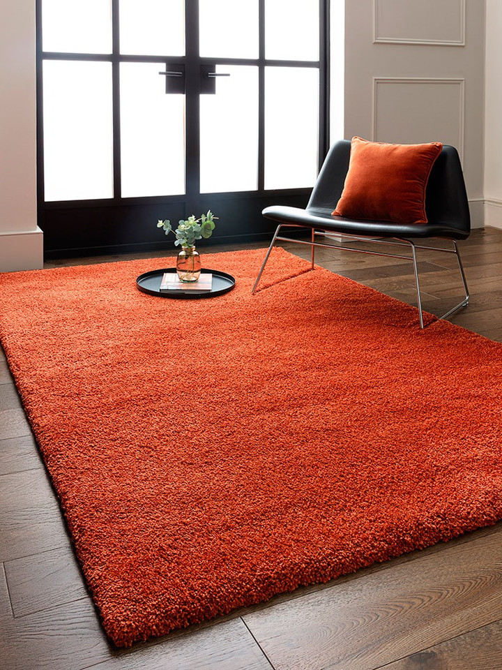 orange shaggy rug in a living room with matching decor