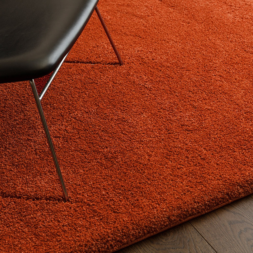 orange shaggy rug in a living room with matching decor