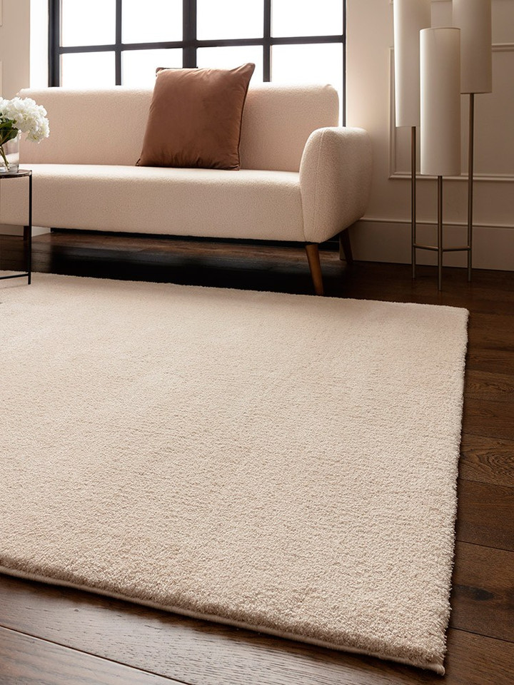 ivory plain shaggy rug in a living room with matching decor