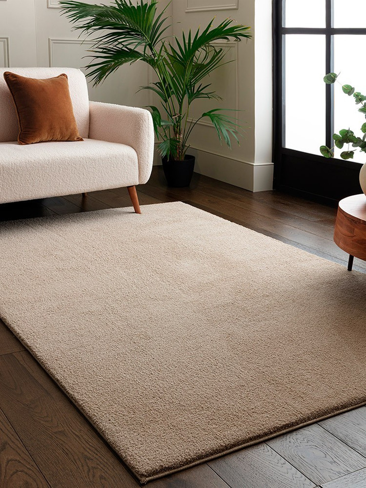 beige plain shaggy rug in a living room with matching decor