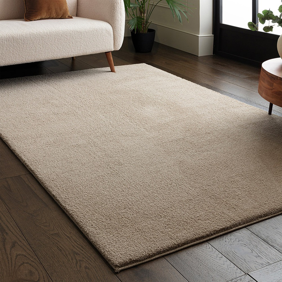 beige plain shaggy rug in a living room with matching decor