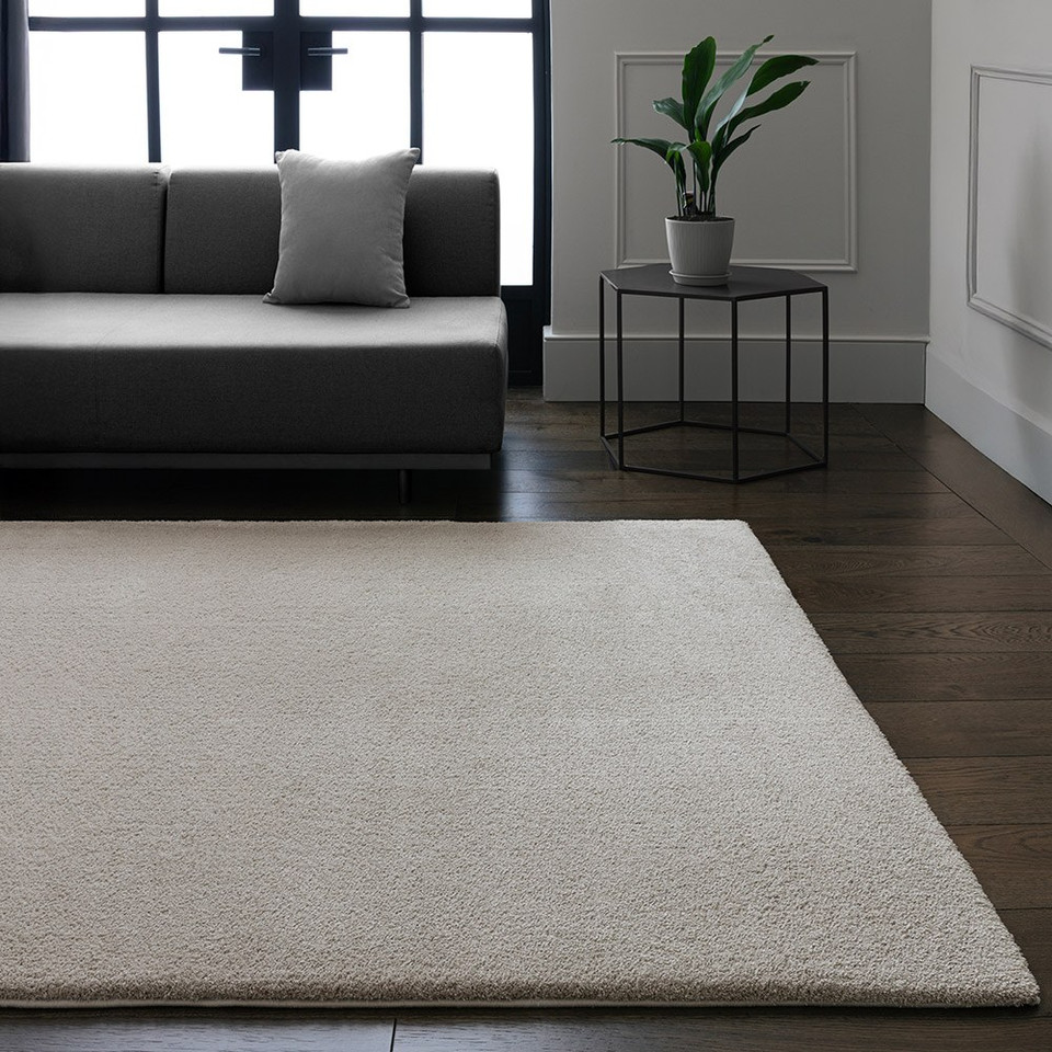 silver plain shaggy rug in a living room with matching decor