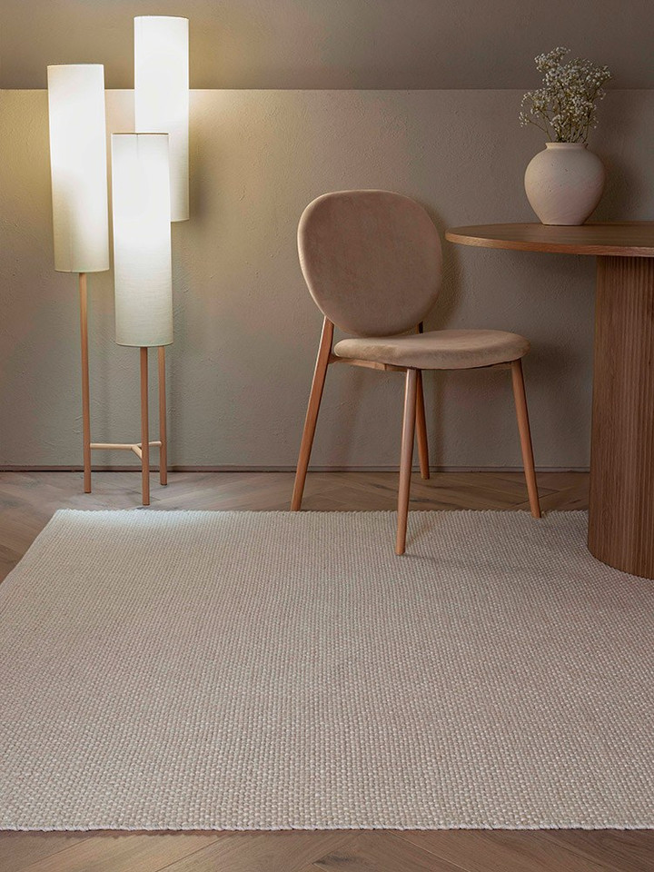 ivory plain flatweave rug in a living room with matching decor