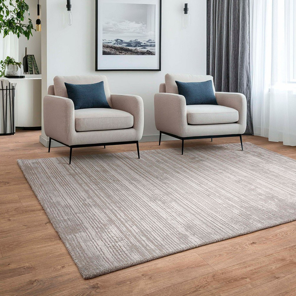 silver plain viscose rug in a living room with matching decor