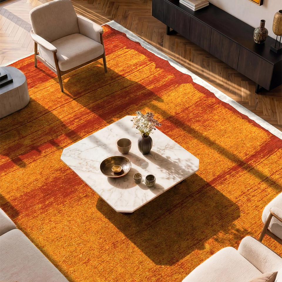 orange abstract eco rug in a bedroom room with matching decor