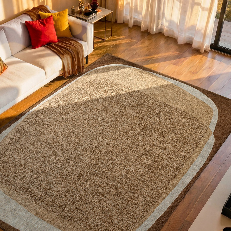 beige abstract eco rug in a bedroom room with matching decor
