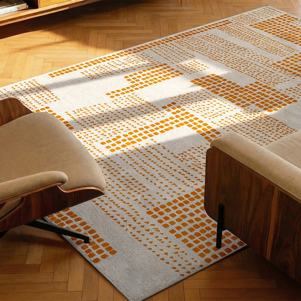 yellow abstract eco rug in a bedroom room with matching decor