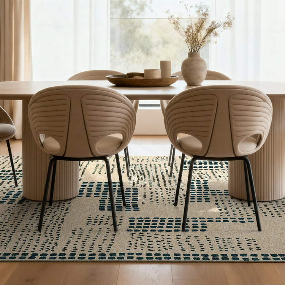 blue abstract eco rug in a bedroom room with matching decor