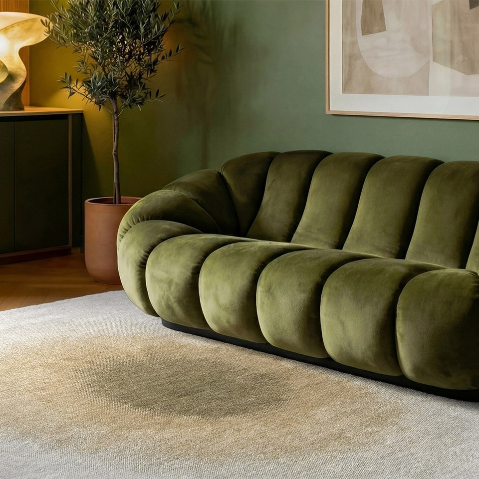 beige abstract rug in a bedroom with matching decor