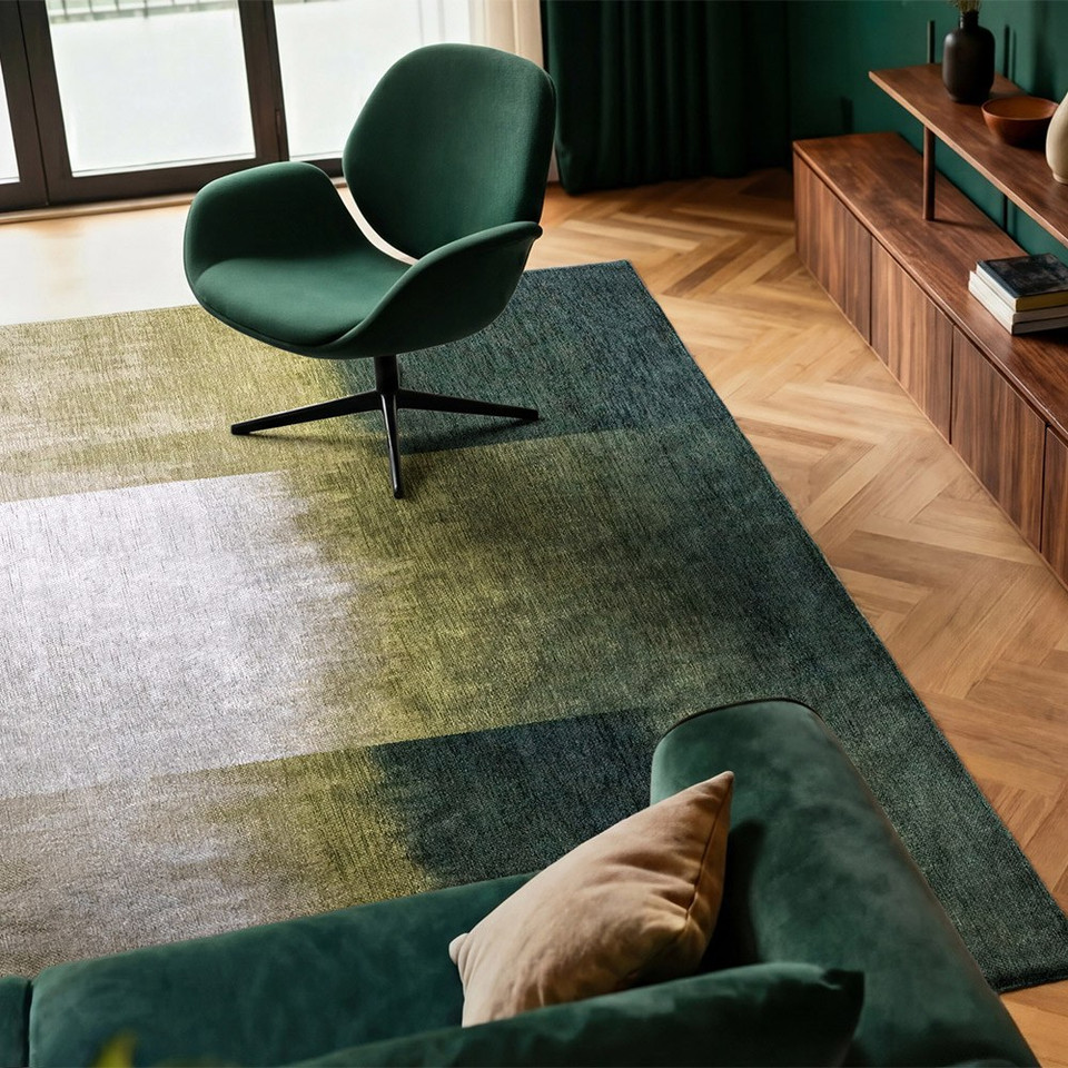 green abstract rug in a living room with matching decor