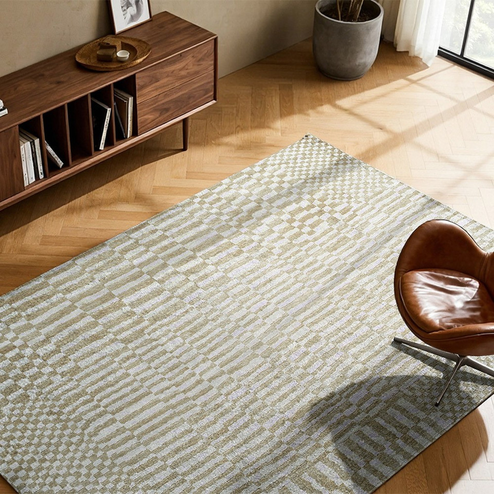 green abstract eco rug in a living room with matching decor