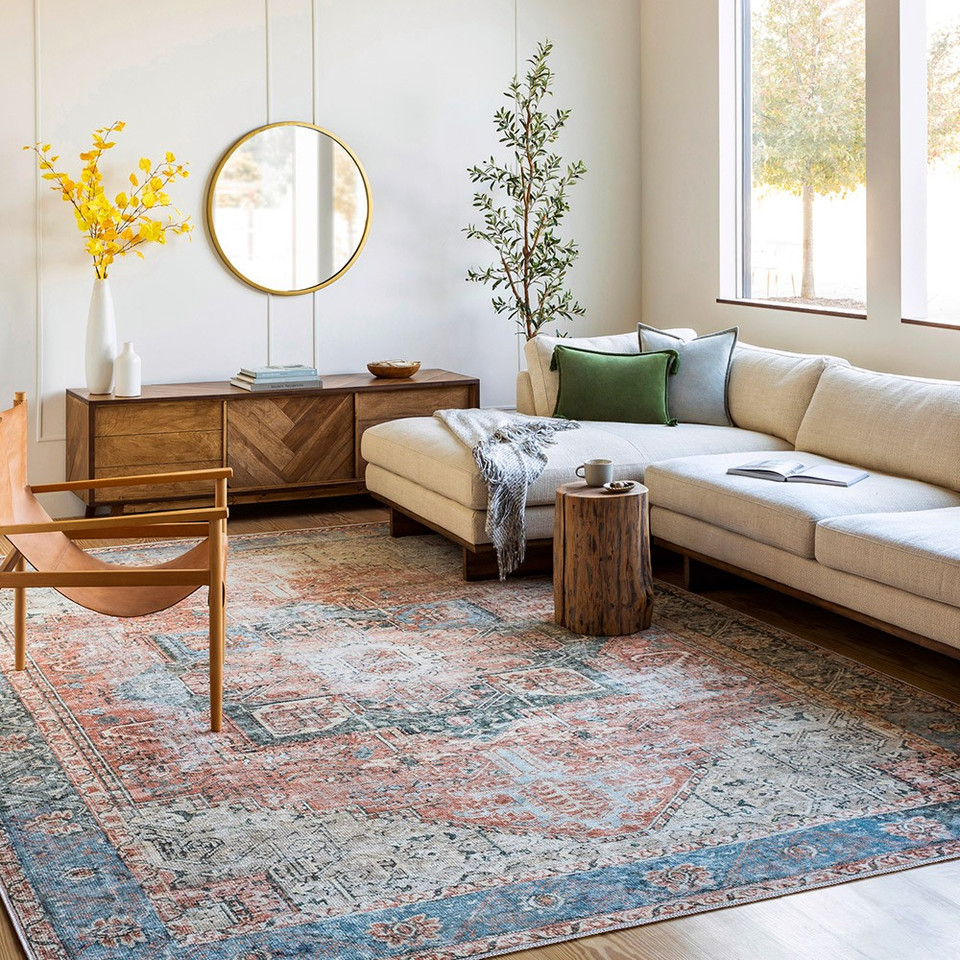rust traditional rug in a room with matching decor