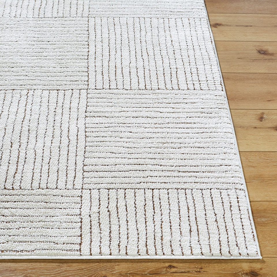 ivory brown scandi rug closeup corner on wood floor