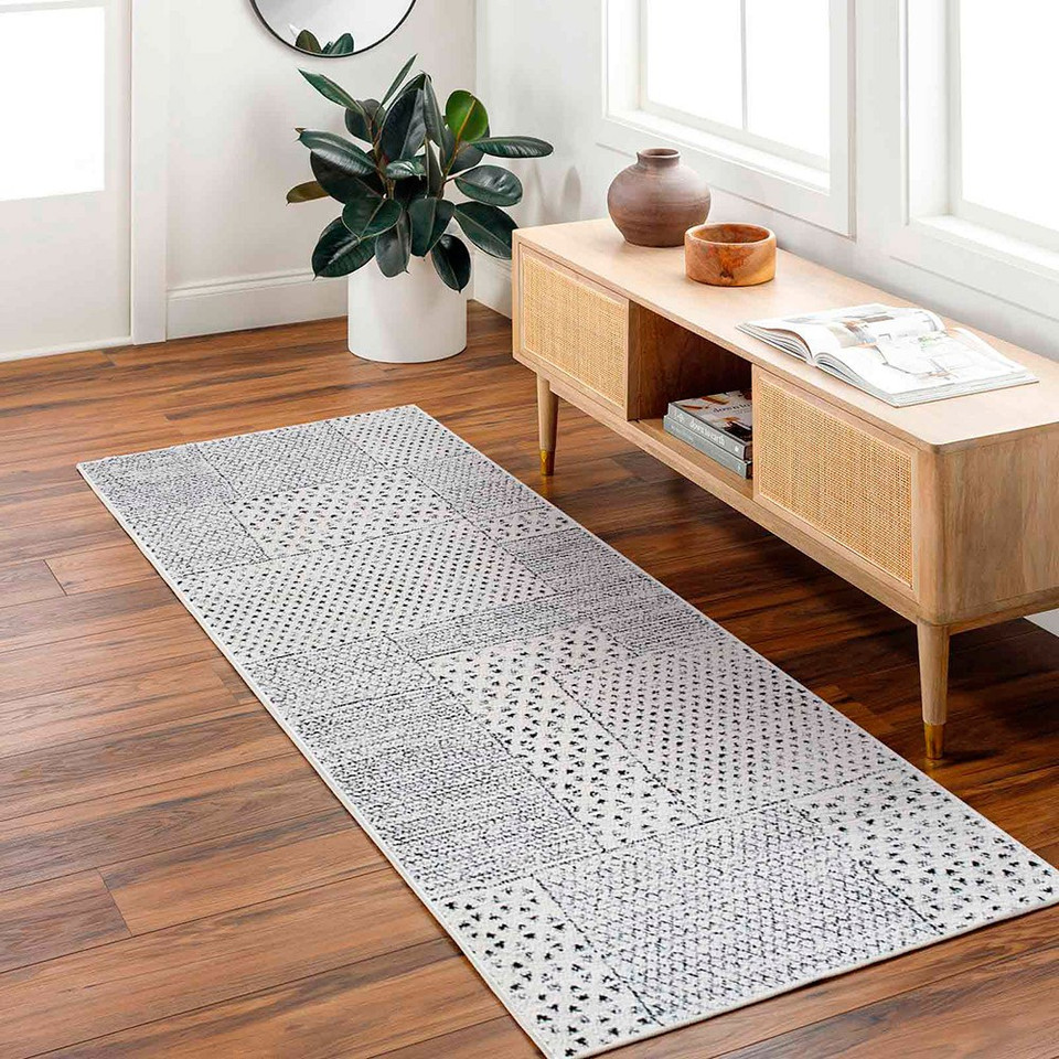 ivory scandi rug runner in a room with matching decor