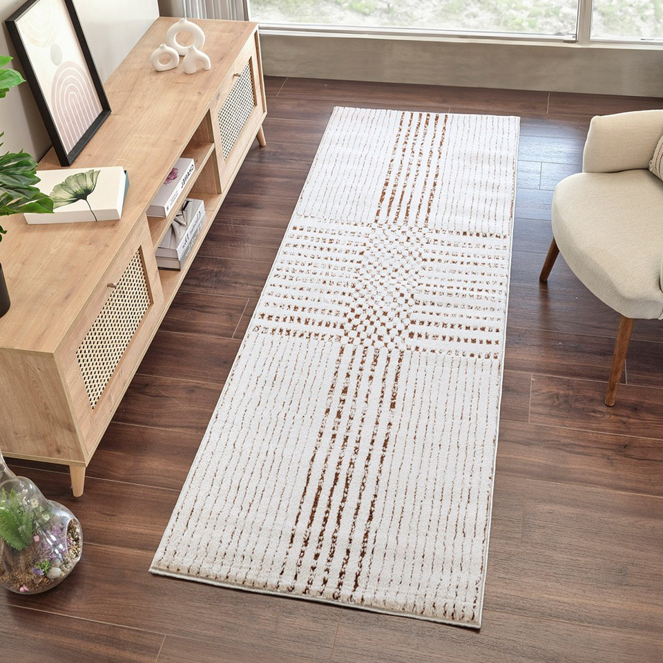 brown ivory scandi rug runner runner in a room with matching decor