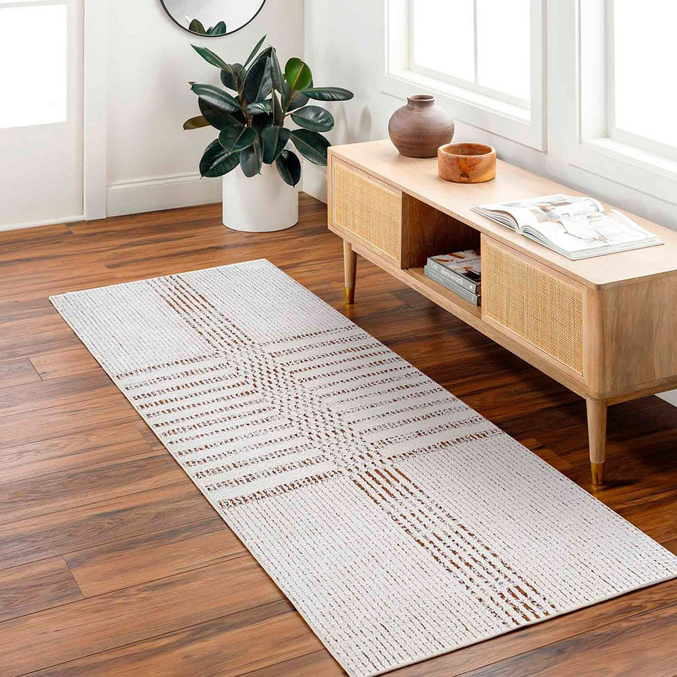 brown ivory scandi rug runner runner in a room with matching decor