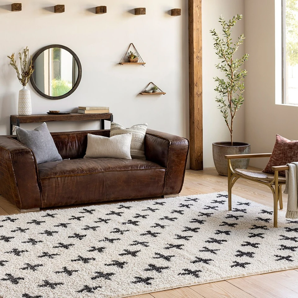 cream shaggy rug in a room with matching decor