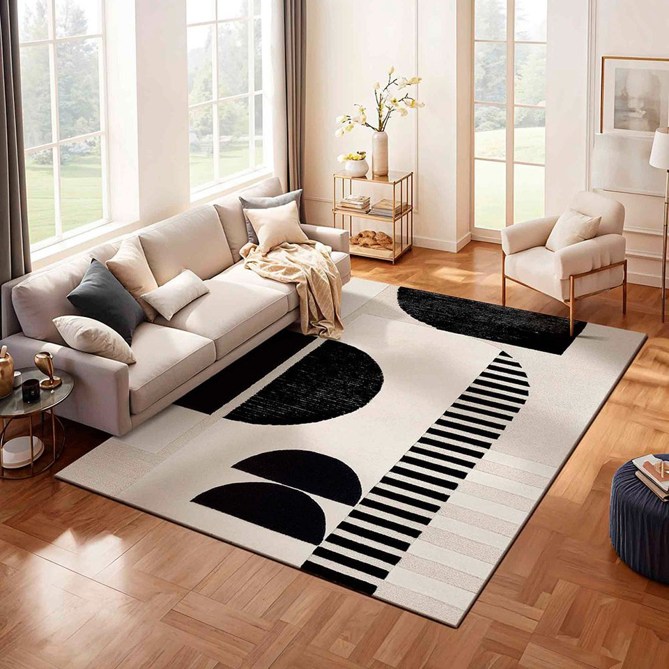 cream geo wool rug in a room with matching decor