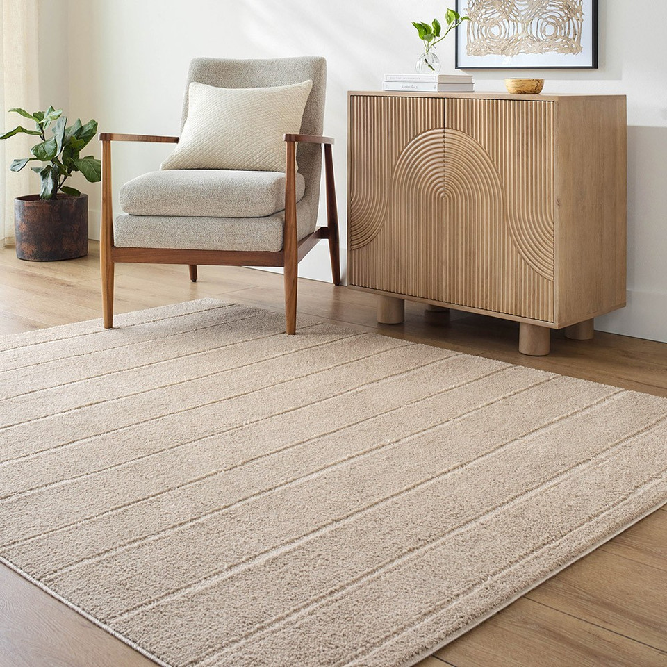 brown scandi rug in a room with matching decor